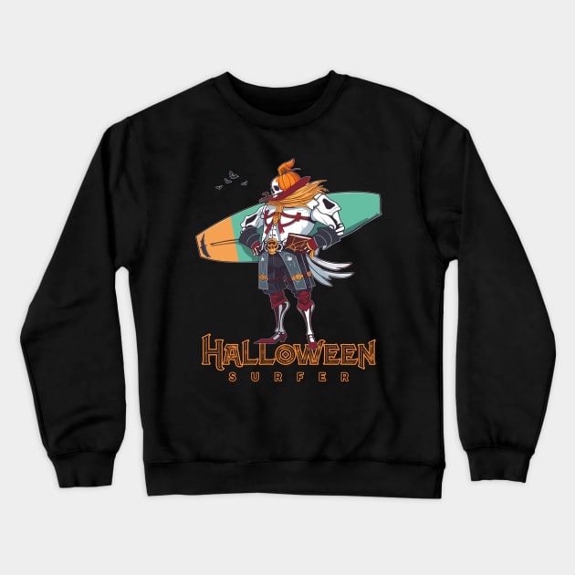 Halloween Beach Surfer Pumpkin Head Skull Crewneck Sweatshirt by DanielLiamGill